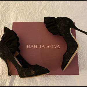 Daliah Selva Designer Italian Leather, Suede, and Lace Frilly Black Pumps